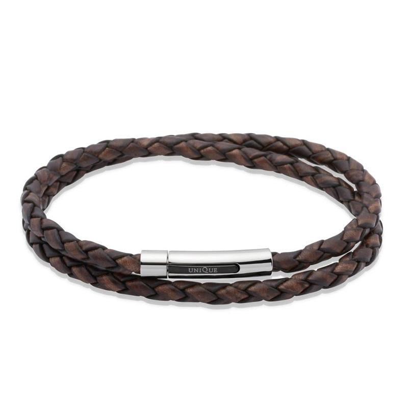 Unique & Co Stainless Steel Brown Leather Double Bracelet