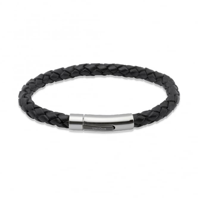 Unique & Co Stainless Steel IP Plating Black Leather Bracelet