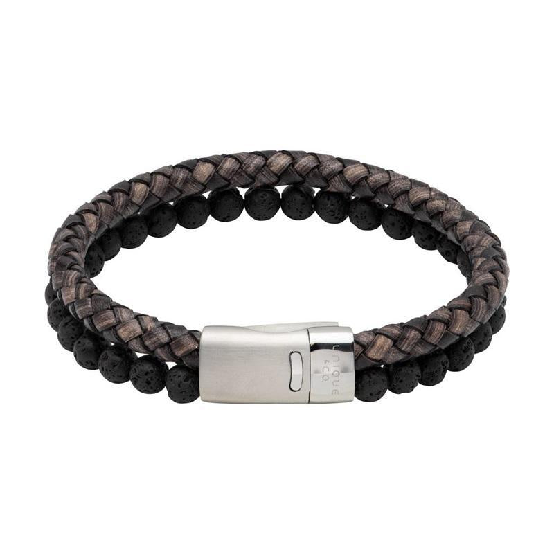 Unique & Co Stainless Steel Magnetic Clasp Lava Stone Black Leather Bracelet