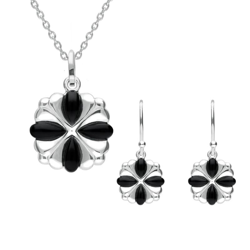 Sterling Silver Whitby Jet Four Stone Cross Two Piece Set