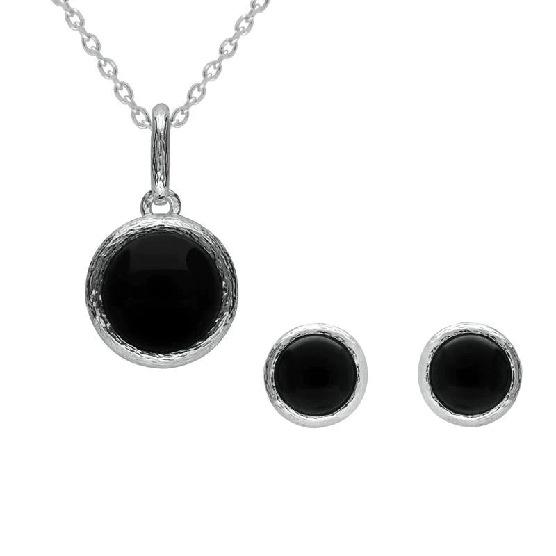 Sterling Silver Whitby Jet Round Stone Brushed Edge Two Piece Set