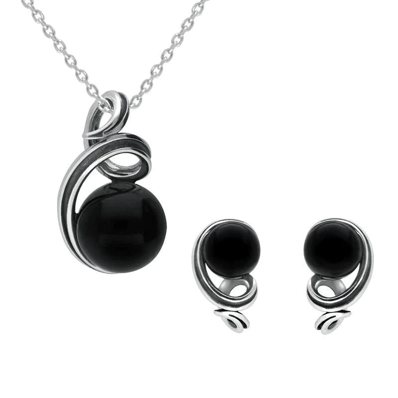 Sterling Silver Whitby Jet Round Open Loop Top Two Piece Set