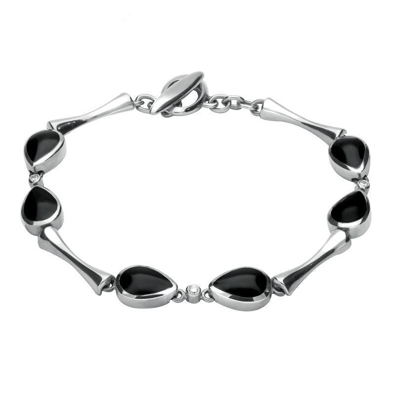 18ct White Gold Whitby Jet 0.09ct Diamond Six Stone Pear Bracelet