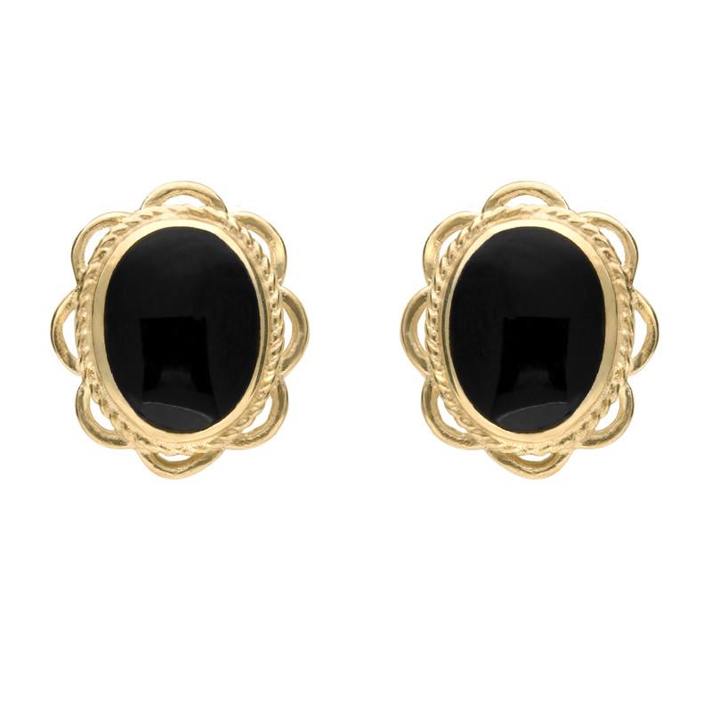 9ct Yellow Gold Whitby Jet Large Rope Oval Frill Stud Earrings