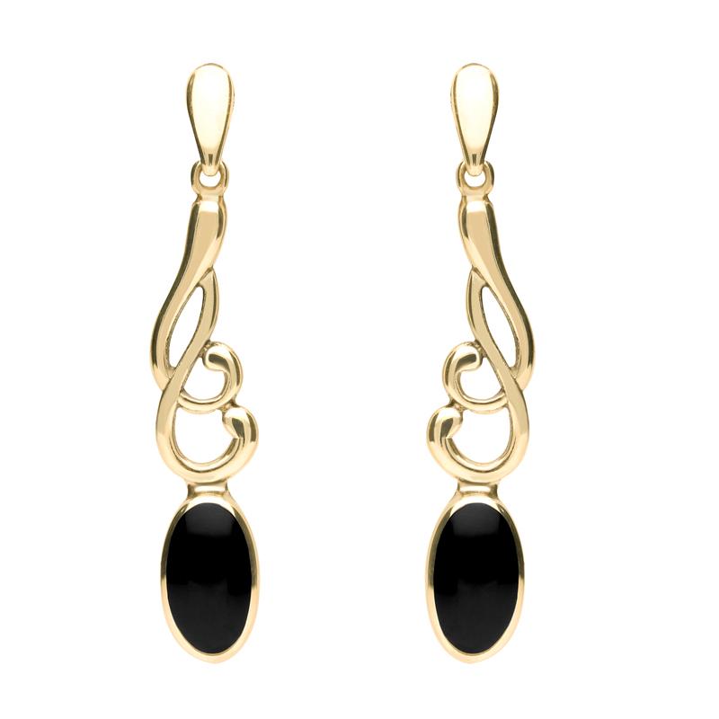 9ct Yellow Gold Whitby Jet Scroll Drop Earrings