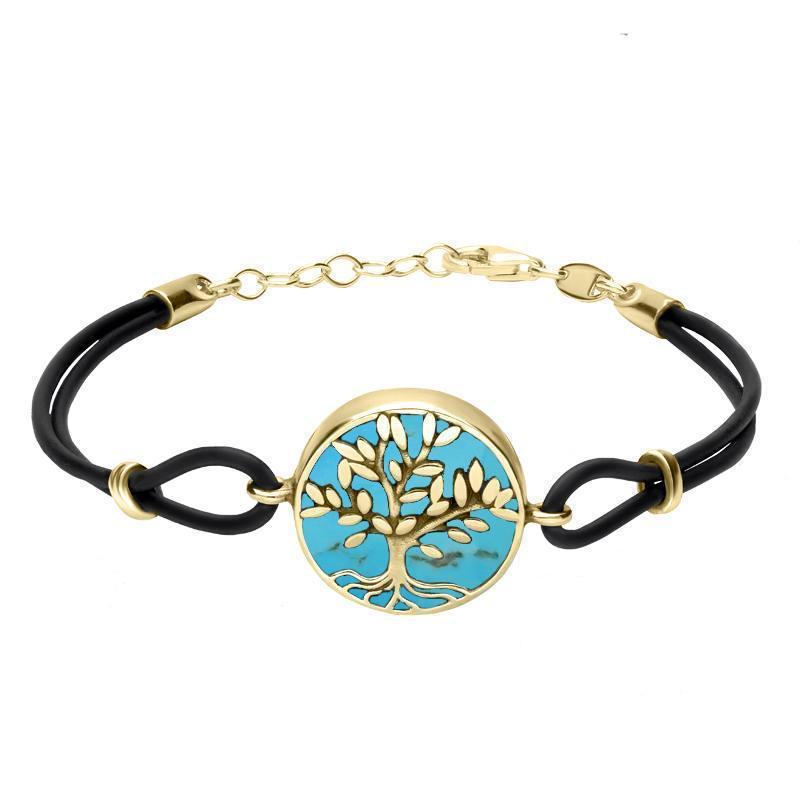 9ct Yellow Gold Turquoise Cord Round Large Leaves Tree Of Life Bracelet