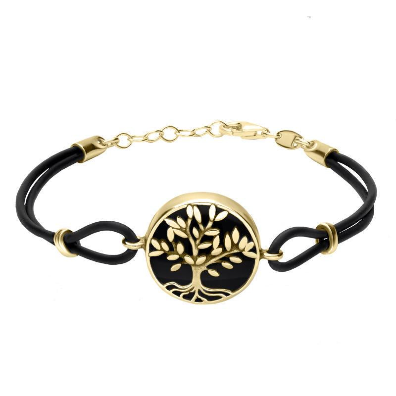 9ct Yellow Gold Whitby Jet Cord Round Large Leaves Tree Of Life Bracelet