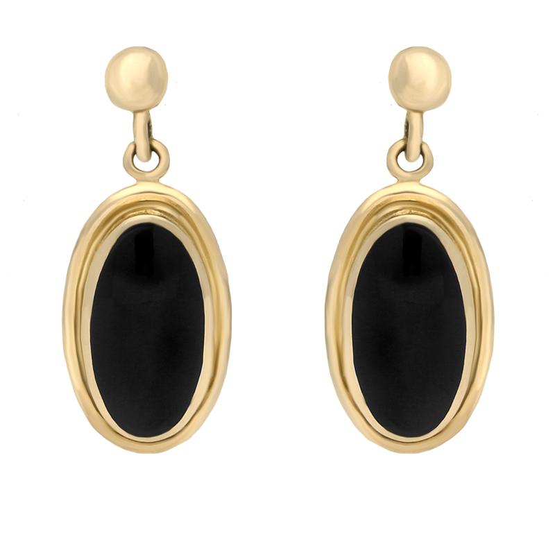 9ct Yellow Gold Whitby Jet Ribbed Oval Drop Earrings