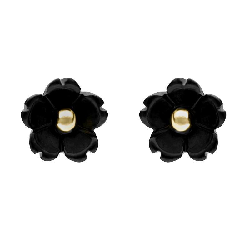 9ct Yellow Gold Whitby Jet Tuberose 6mm Flower Stud Earrings - Gold