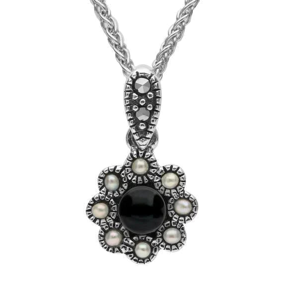 Sterling Silver Whitby Jet Marcasite Pearl Rounded Bead Edge Necklace - Silver
