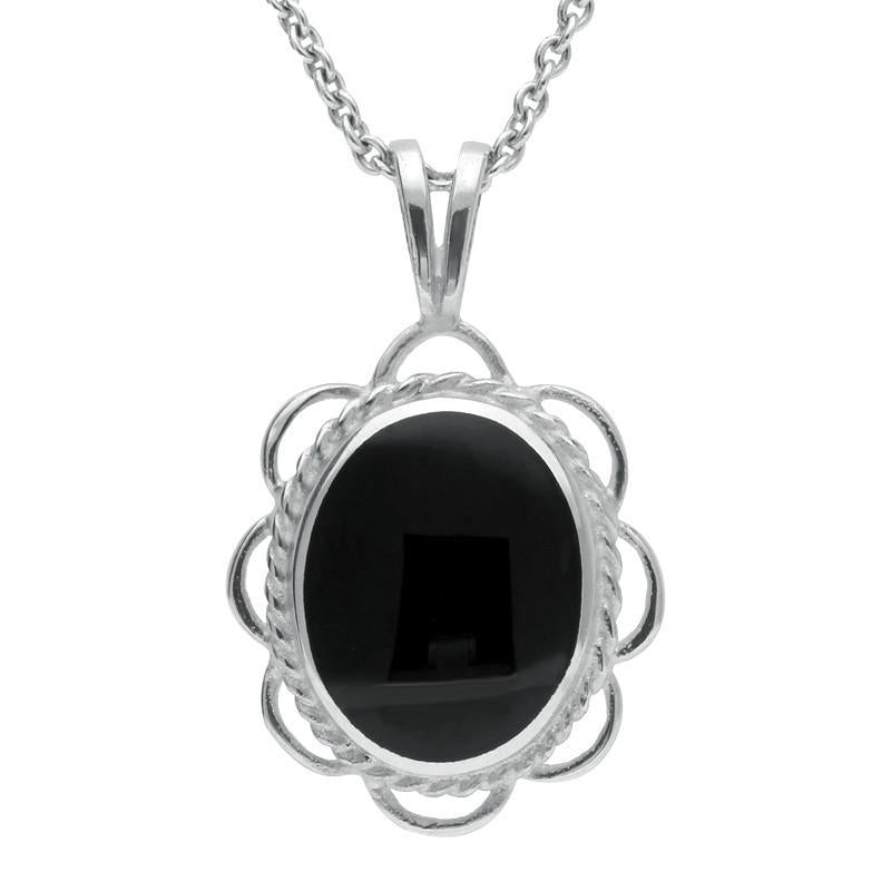 Sterling Silver Whitby Jet Rope Edged Oval Frill Necklace