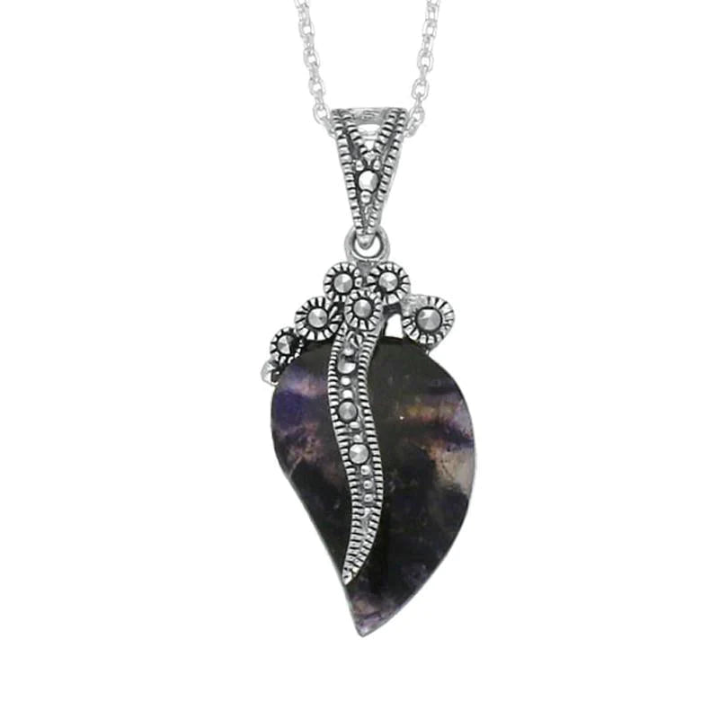 Sterling Silver Blue John and Marcasite Wave Bail Pear Necklace - Silver