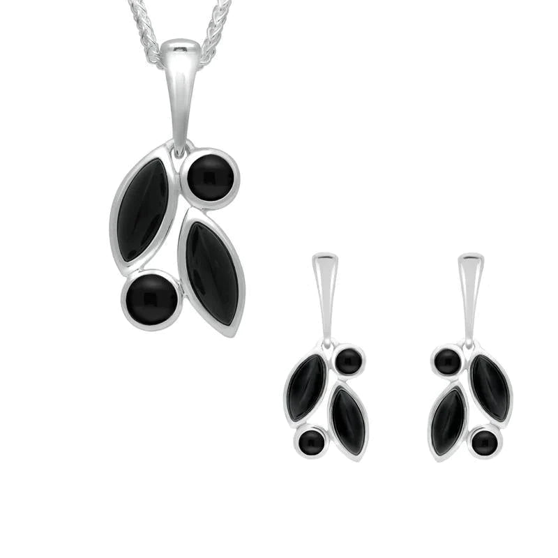 Sterling Silver Whitby Jet Four Stone Leaf Drop Two Piece Set