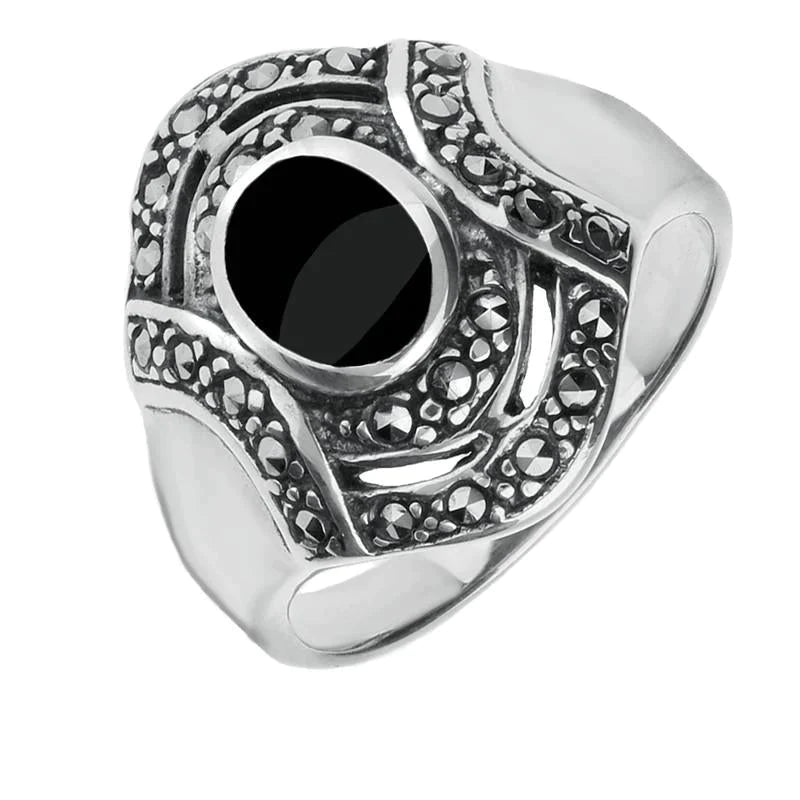 Sterling Silver Whitby Jet Marcasite Oval Stone Framed Shaped Ring