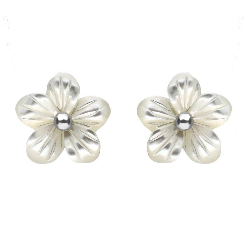 Sterling Silver White Mother of Pearl Large Tuberose 10mm Pansy Stud Earrings - Silver