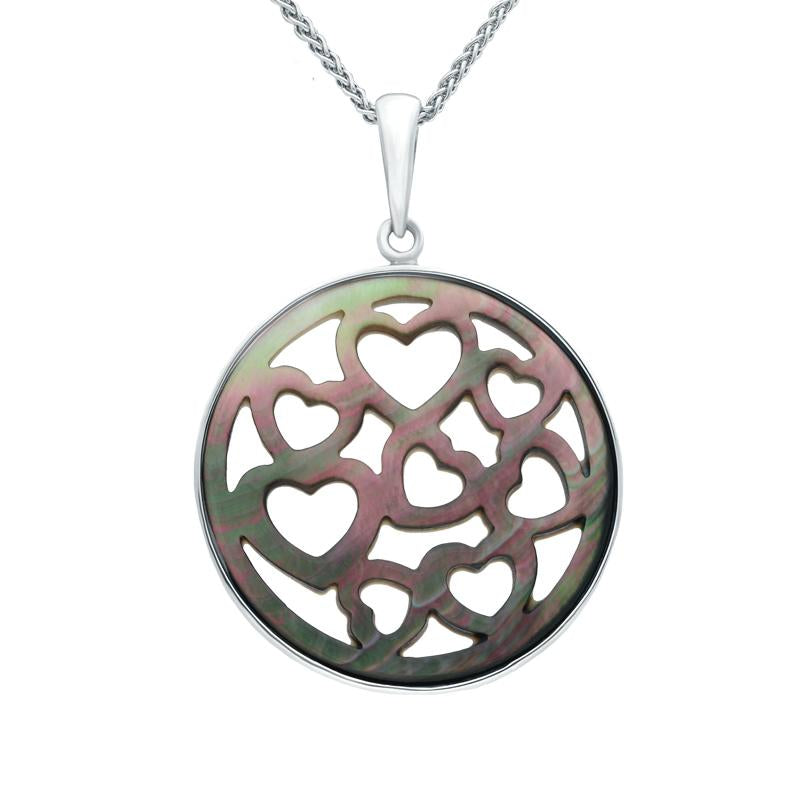 Sterling Silver Dark Mother of Pearl Large Heart Cut Out Round Necklace
