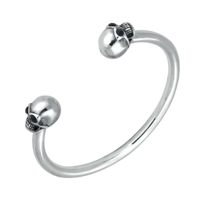 Sterling Silver Whitby Jet Gothic Skull Torc Bangle - Large