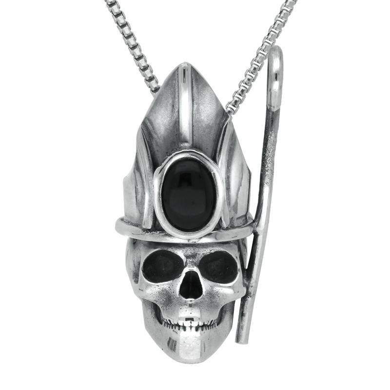 Sterling Silver Whitby Jet Skull With Crown and Shepherds Crook Necklace