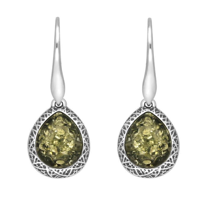 Sterling Silver Green Amber Basket Weave Edge Pear Hook Earrings
