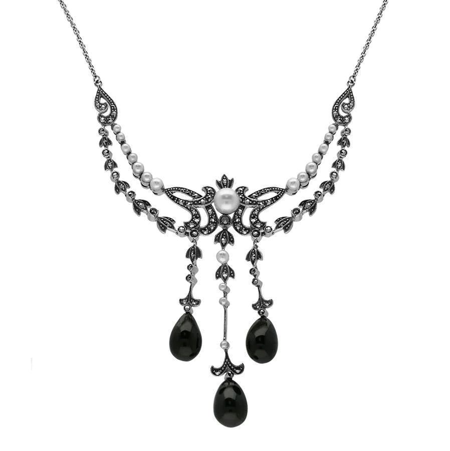 Sterling Silver Whitby Jet Marcasite Pearl Triple Drop Necklace - Silver