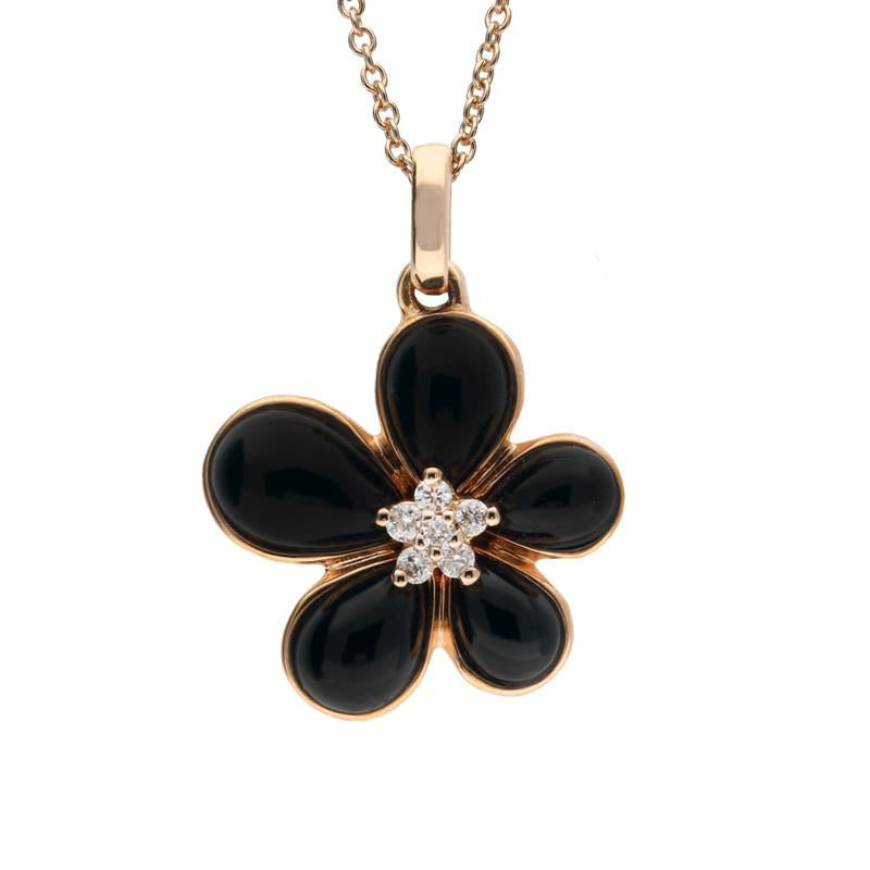 18ct Rose Gold Whitby Jet 0.025 Carat Diamond Small Flower Pendant - Option1 Value Rose Gold