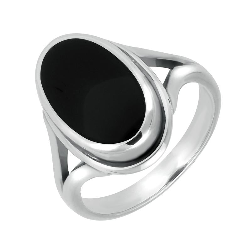 Sterling Silver Whitby Jet Oval Ridged Ring - Silver