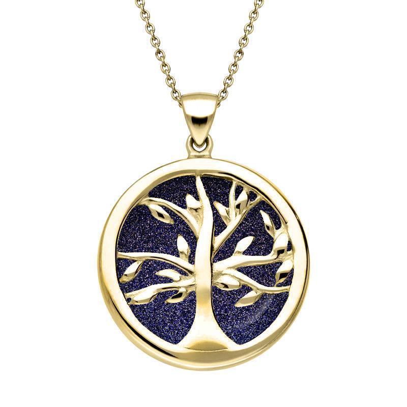9ct Yellow Gold Blue Goldstone Medium Round Tree of Life Necklace