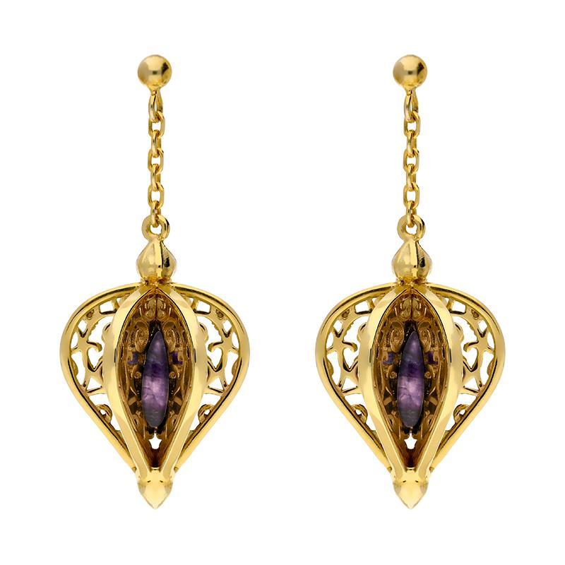 Yellow Gold Plated Sterling Silver Blue John Flore Filigree Drop Earrings