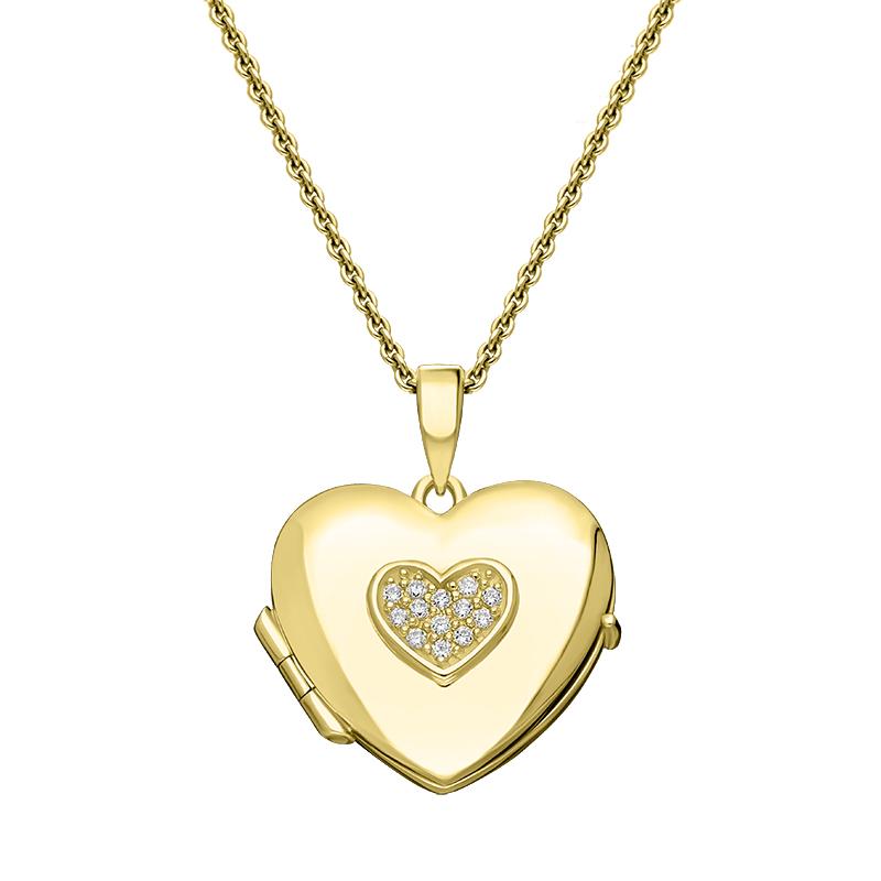 Yellow Gold Plated Sterling Silver Cubic Zirconia Heart Keepsake Locket - Gold
