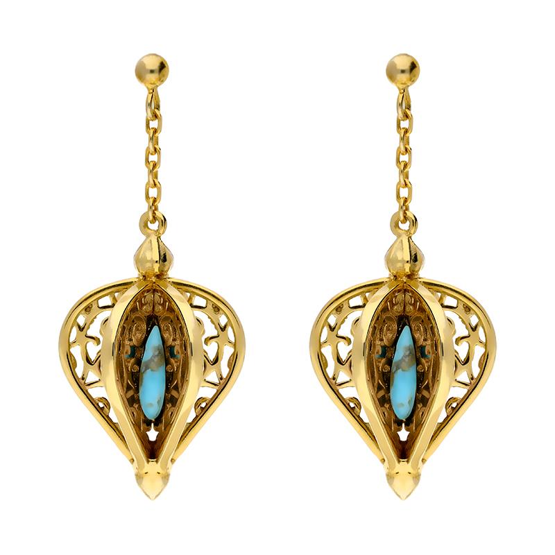 Yellow Gold Plated Sterling Silver Turquoise Flore Filigree Drop Earrings