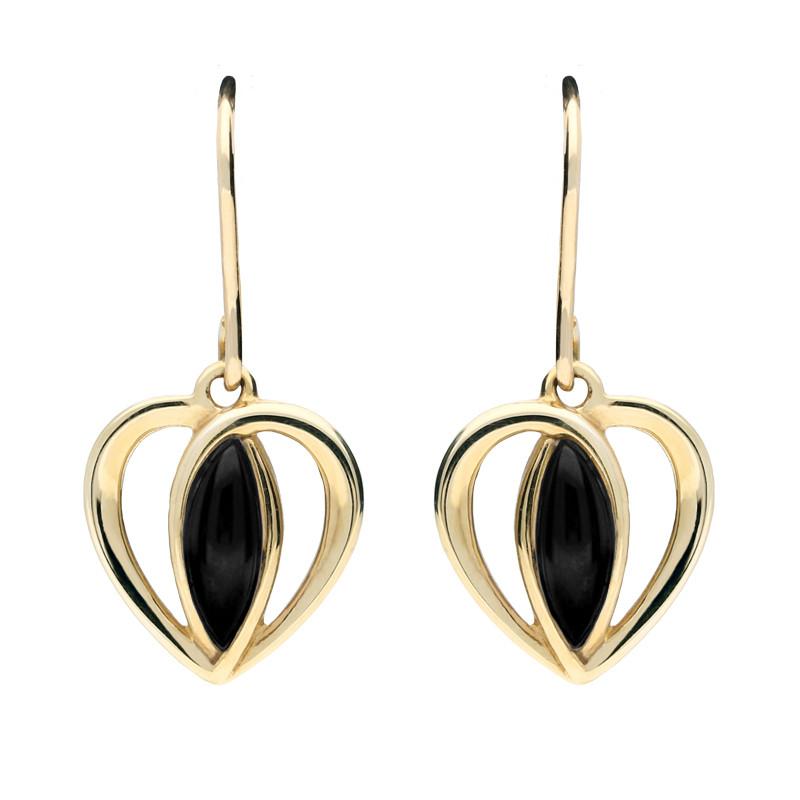 9ct Yellow Gold Whitby Jet Heart Drop Earrings - Yellow Gold