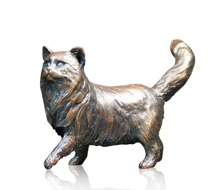 Art In Bronze Long Haired Cat Standing Bronze Figurine