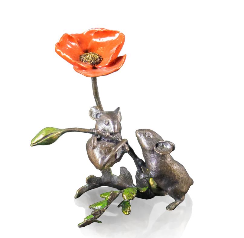 Art In Bronze Mice with Poppy Hand Painted Figurine