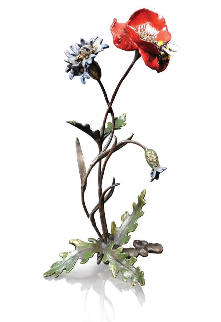 Art In Bronze Poppy with Cornflower and Bee Figurine