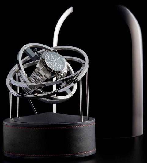 Bernard Favre Watch Winder Planet Double Axis Black Leather Base Red Stitch