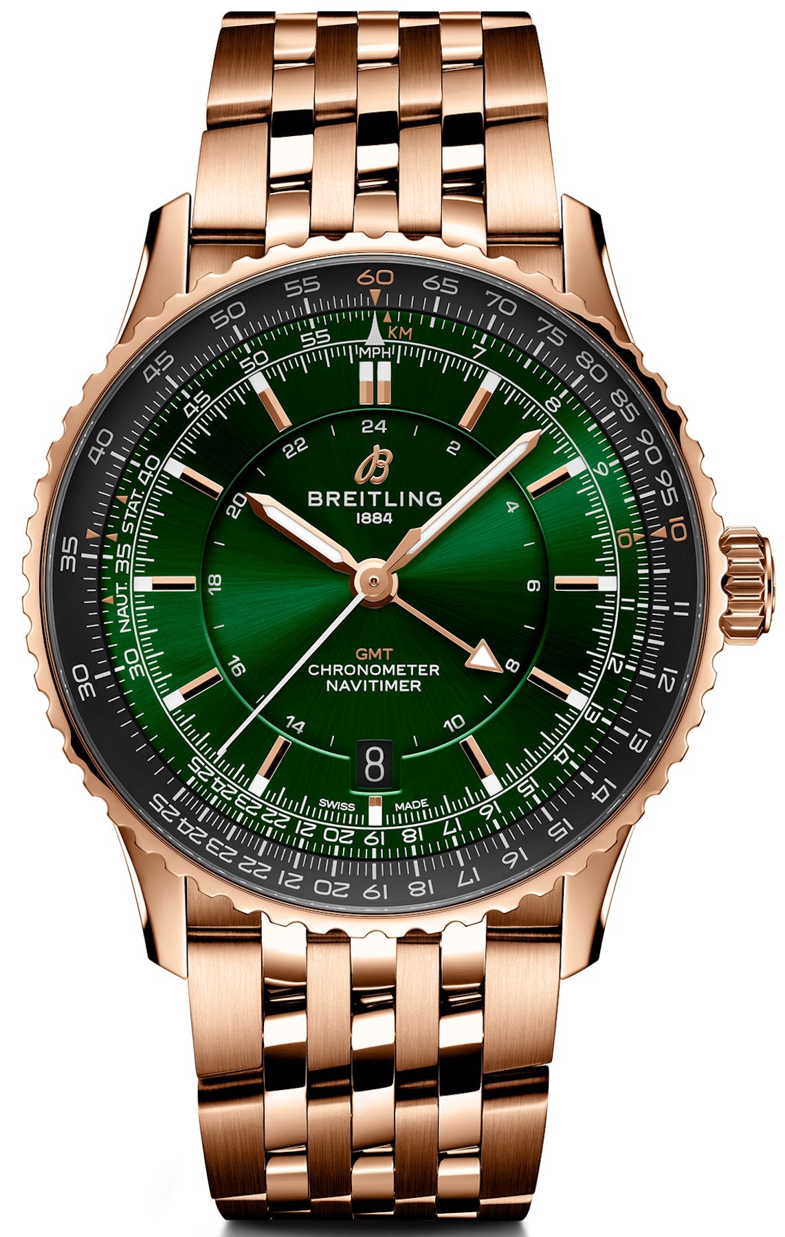 Breitling Watch Navitimer Automatic GMT 41 Green 18k Red Gold Bracelet