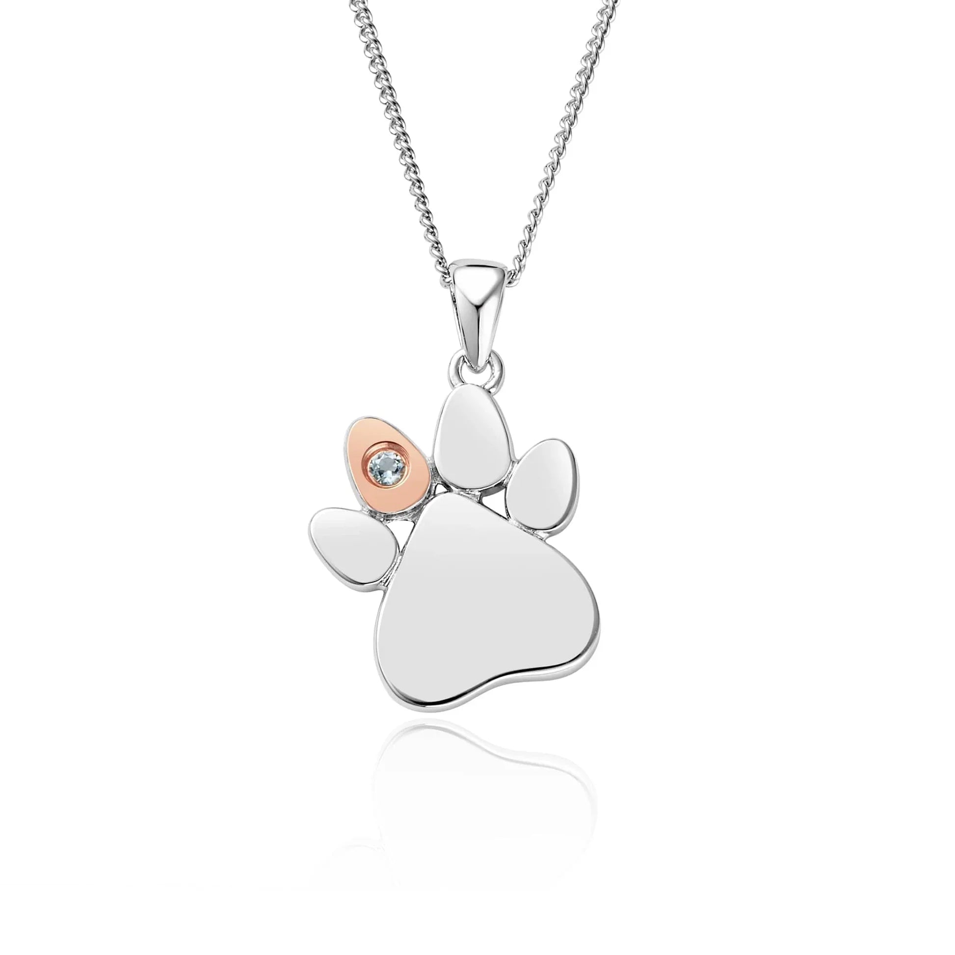Clogau Paw Prints On My Heart Sterling Silver March Birthstone Aquamarine Necklace