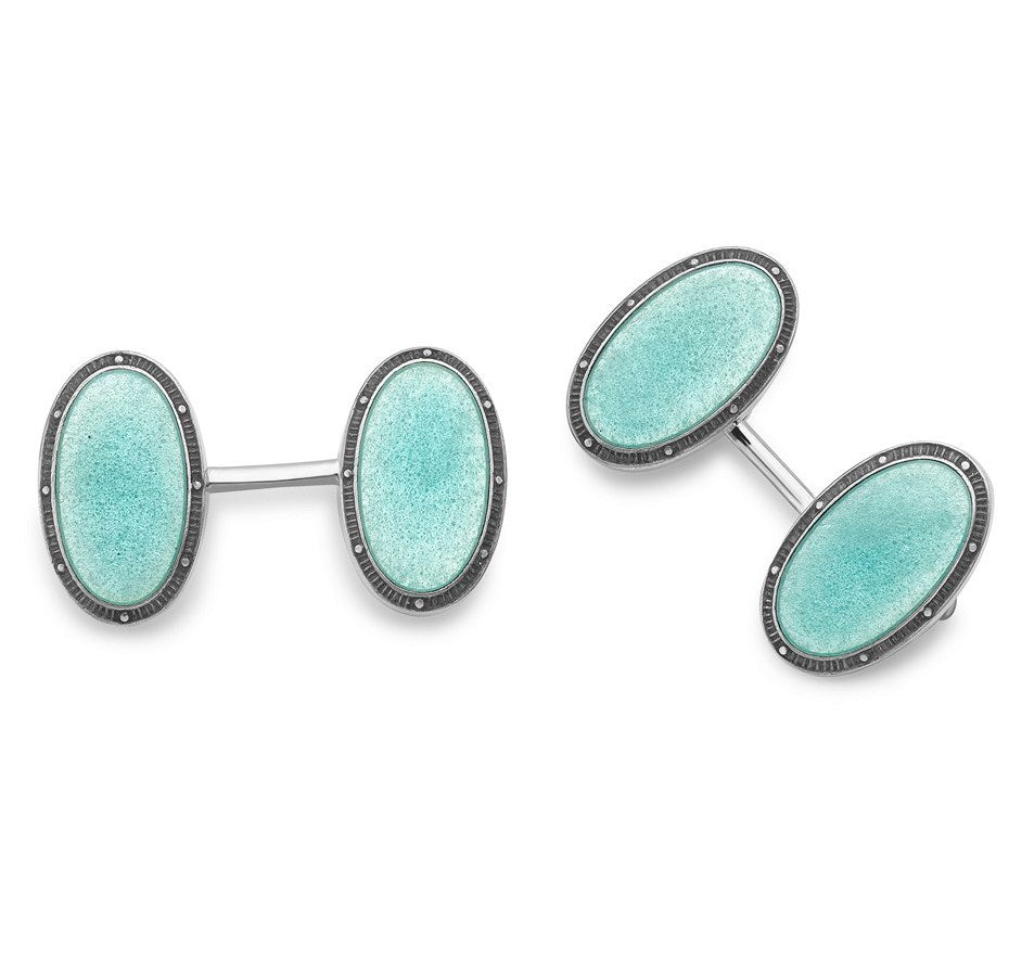 Deakin & Francis Cufflinks Sterling Silver Blue Oval Vitreous Enamel Vintage - Silver