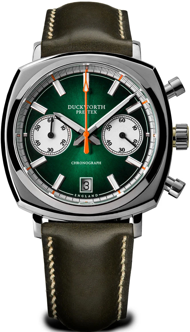 Duckworth Prestex Watch Chronograph 42 Green Sunburst Olive Green Leather - Green