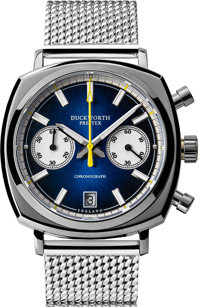 Duckworth Prestex Watch Chronograph 42 Blue Sunburst Mesh Bracelet
