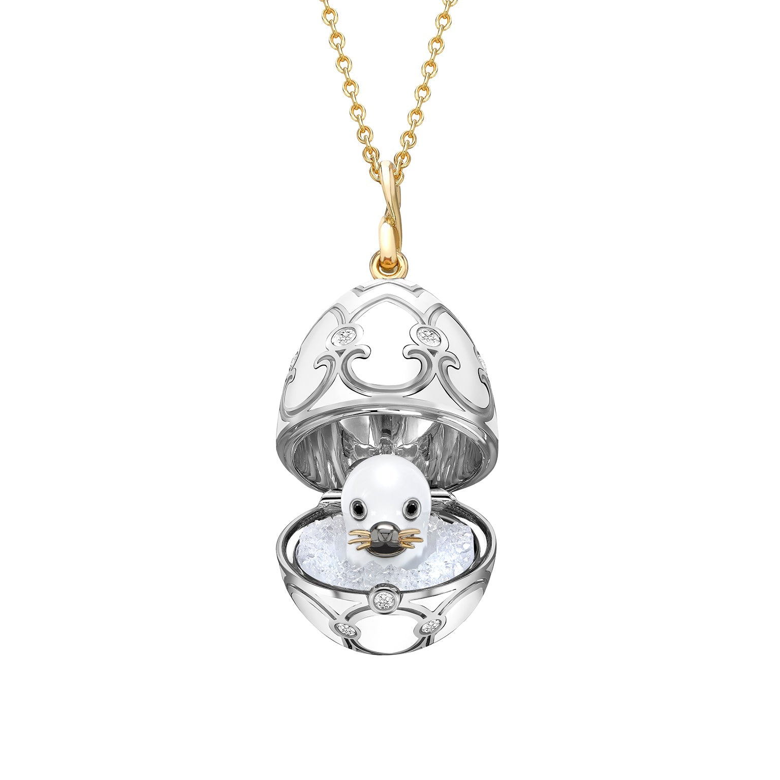 Faberge Heritage 18ct Gold White Enamel Locket with Seal Surprise - Gold