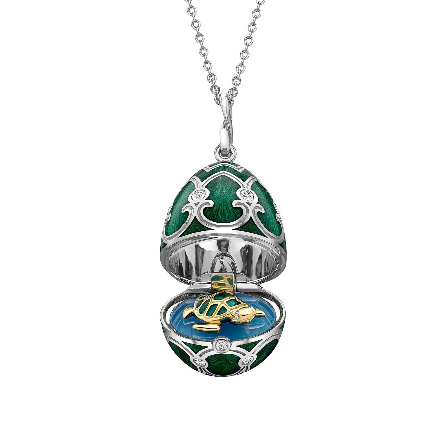 Faberge Heritage White Gold Green Guilloche Enamel Locket with Turtle Surprise