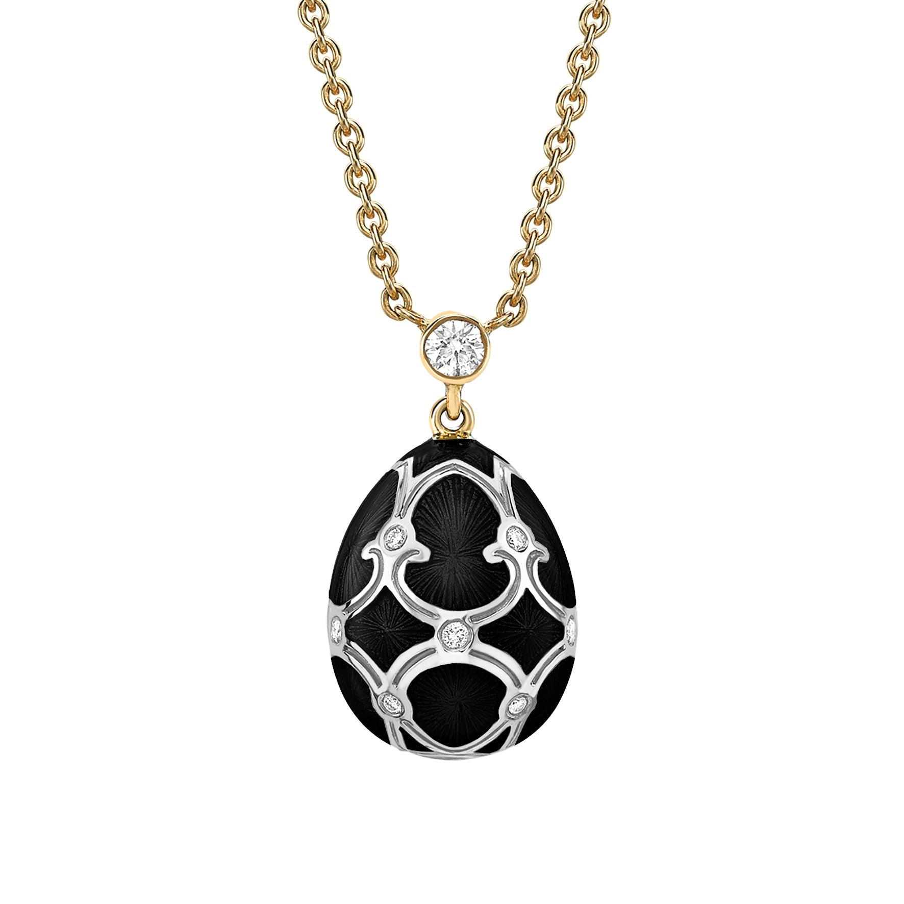 Faberge Heritage Yellow & White Gold Diamond & Black Guilloche Enamel Petite Egg Pendant