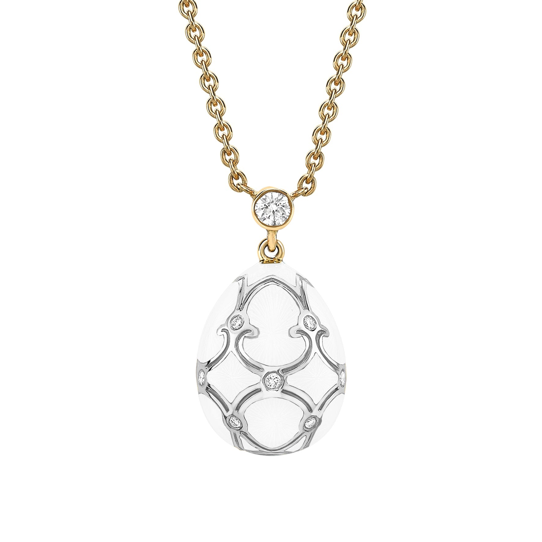 Faberge Heritage Yellow & White Gold Diamond & White Guilloché Enamel Petite Egg Pendant