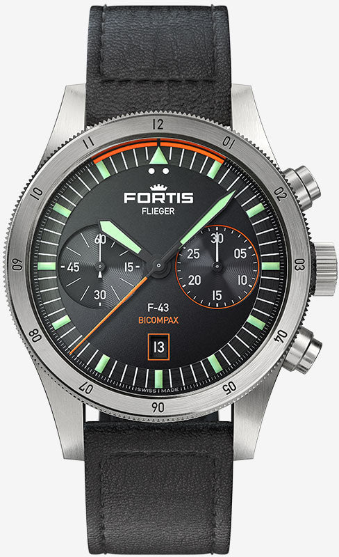 Fortis Watch Flieger F-43 Bicompax On Aviator Strap - Black