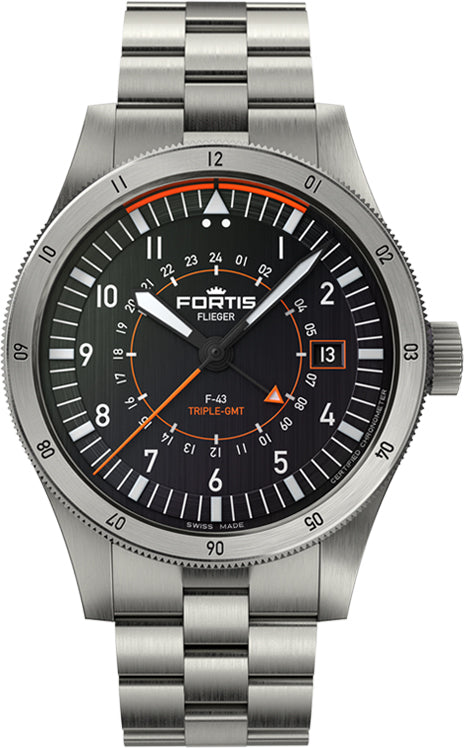 Fortis Watch Flieger F-43 Triple GMT On Block Bracelet - Black