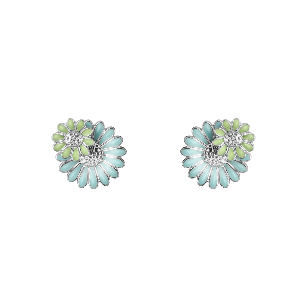 Georg Jensen Stine Goya Daisy Sterling Silver Green and Blue Enamel Stud Earrings - Silver