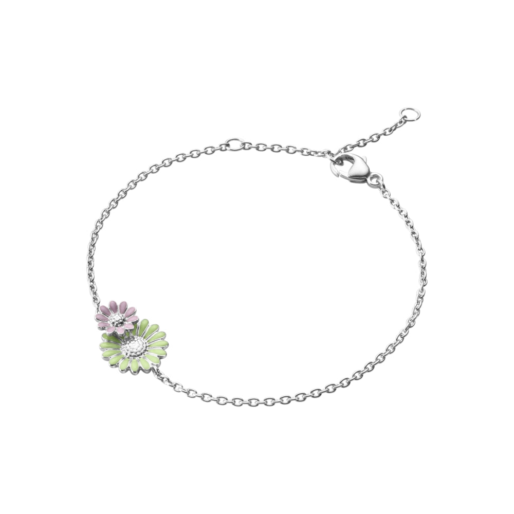 Georg Jensen Stine Goya Daisy Sterling Silver Green and Pink Enamel Chain Bracelet - Silver
