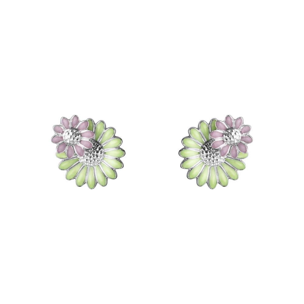 Georg Jensen Stine Goya Daisy Sterling Silver Green and Pink Enamel Stud Earrings - Silver