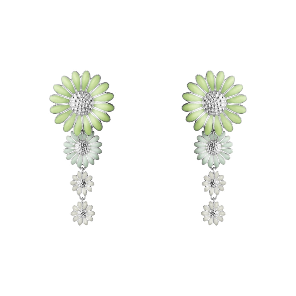 Georg Jensen Stine Goya Daisy Sterling Silver Green and White Enamel Drop Earrings - Silver